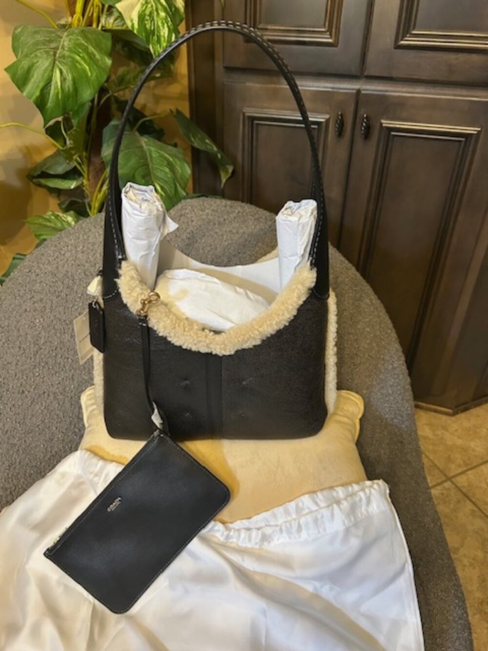 Coach Shearling & Natural Grain Leather Brooklyn Shoulder Bag 28 Pouch/Dust bag